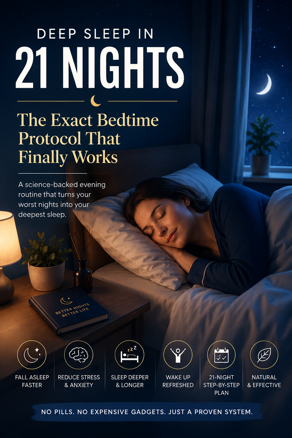Serene luxury bedroom bathed in soft moonlight — the calm atmosphere of the Deep Sleep 21 protocol