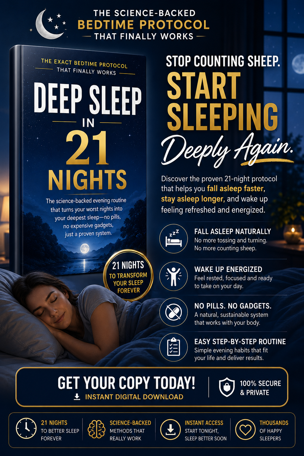 Deep Sleep in 21 Nights — science-backed bedtime protocol poster